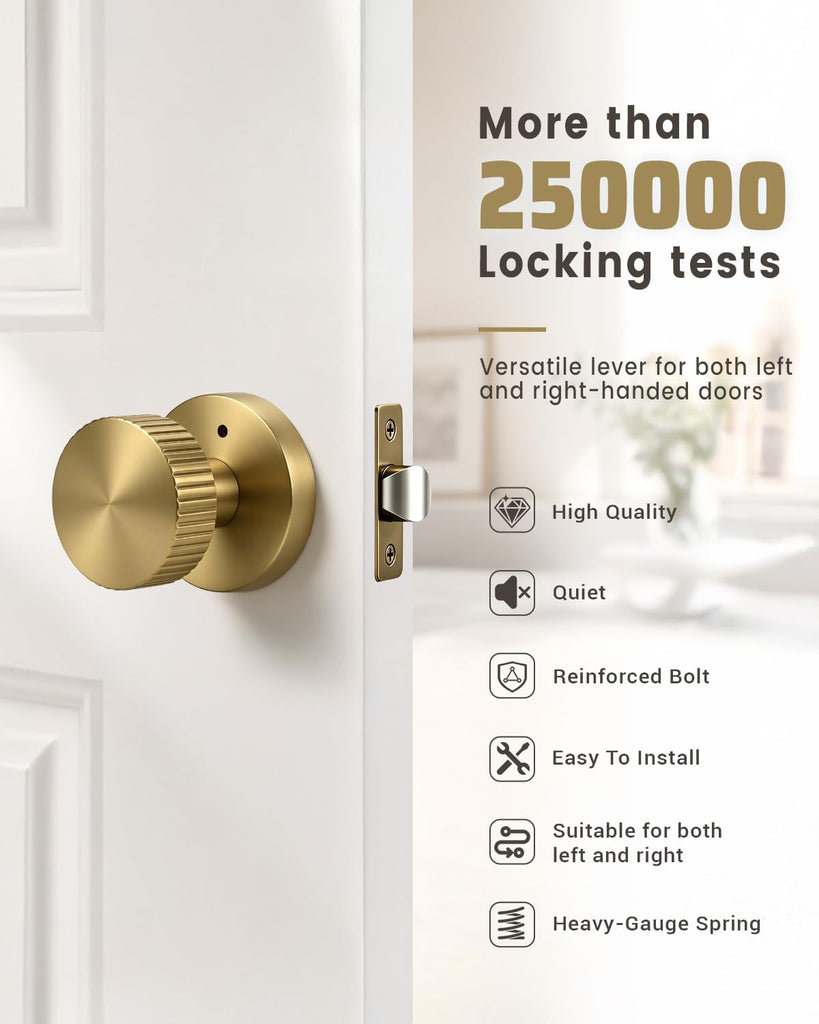4 Pack Satin Brass Door Knobs Interior, Privacy Brass Door Handle with Lock Bathroom Keyless, Reversible Levers with