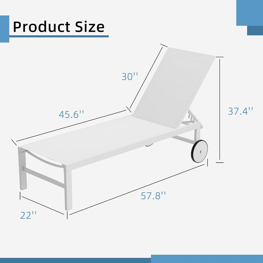 2 PCS Outdoor Chaise Lounges Chair with Wheels Aluminum Reclining Patio Lounge Chairs with 5 Adjustable Position
