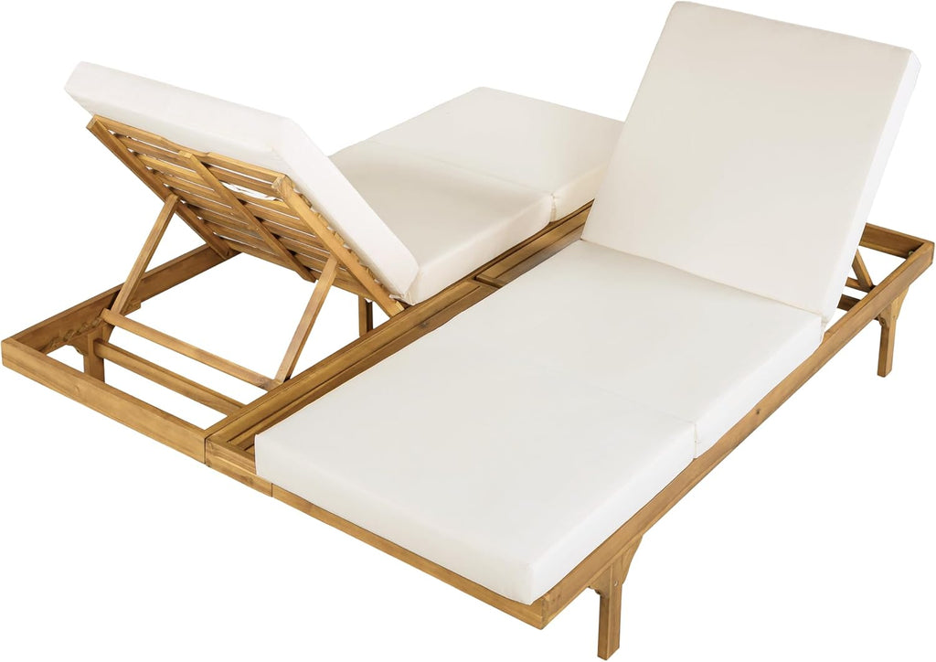 2-Person Outdoor Chaise Lounge Set with 3-Fold 4" Cushions, Acacia Wood Patio 5-Position Adjustable Reclining Sun