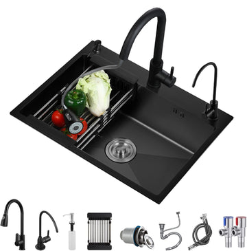 Black Stainless Steel Kitchen Sink, Single Bowl Kitchen Sink, Drop In/Topmount Workstation Sink with Sliding