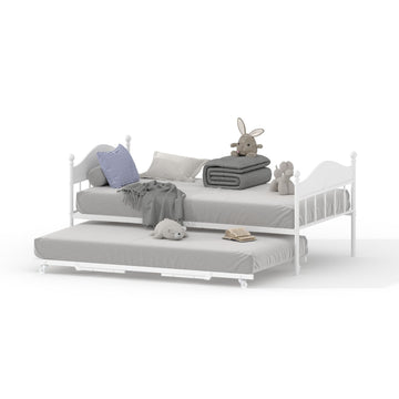 Daybed with Trundle, Metal Twin Size Day Bed with Stylish Headboard, Sofa BedFrame with Pop Up Foldable Trundle Bed