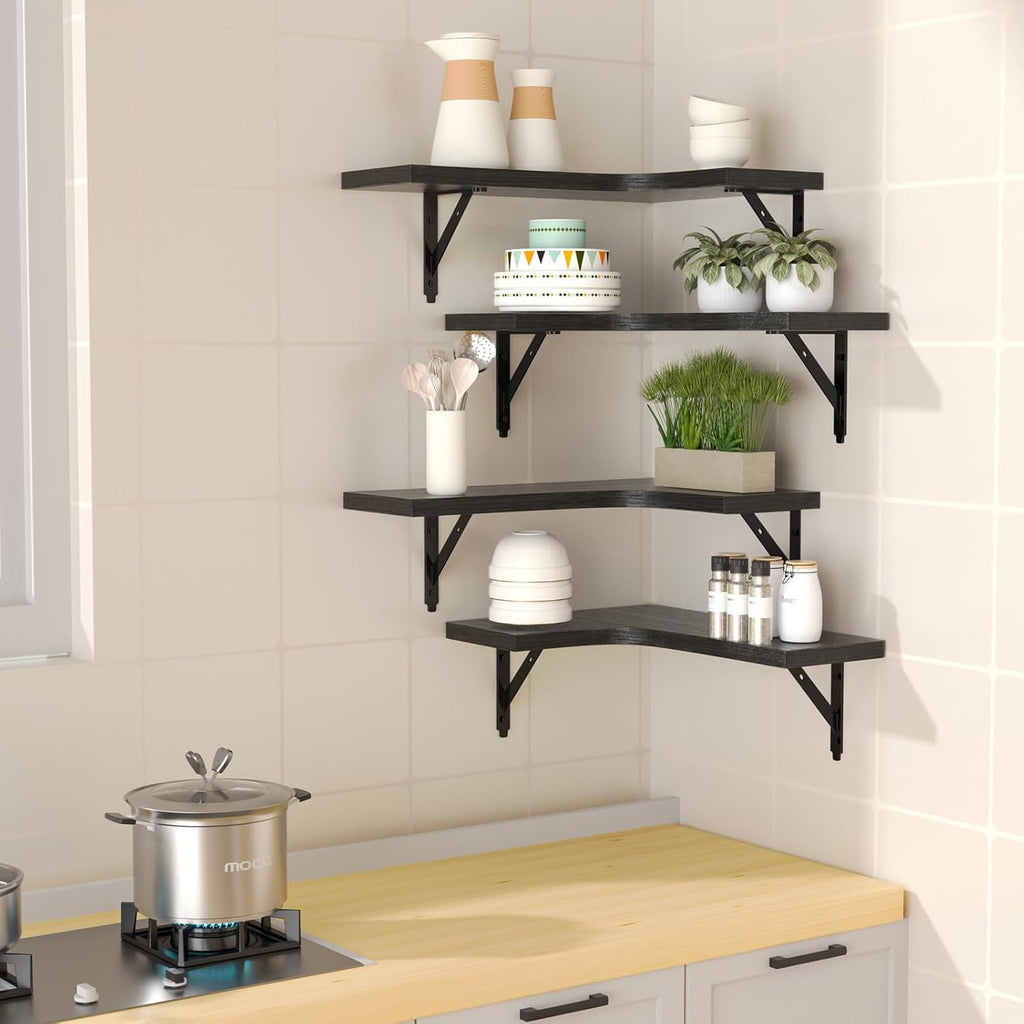 Corner Floating Shelves Wall Mounted Set of 4, Rustic Wood Storage Display Shelves Decor, Bathroom, Kitchen, Bedroom
