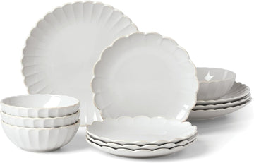 Stoneware Dinnerware Sets, French Perle Scallop White 12-Piece Dinnerware Set for 4, Service For 4