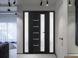 Front Exterior Prehung Fiberglass Door Frosted Glass/Manux 8088 Matte Black / 2 Side Exterior Windows/Entrance Patio