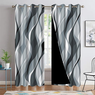 Blue Grey Wave Lines Window Curtains Abstract Art Aesthetic Gradient Blackout Curtains Geometric Thermal Insulated