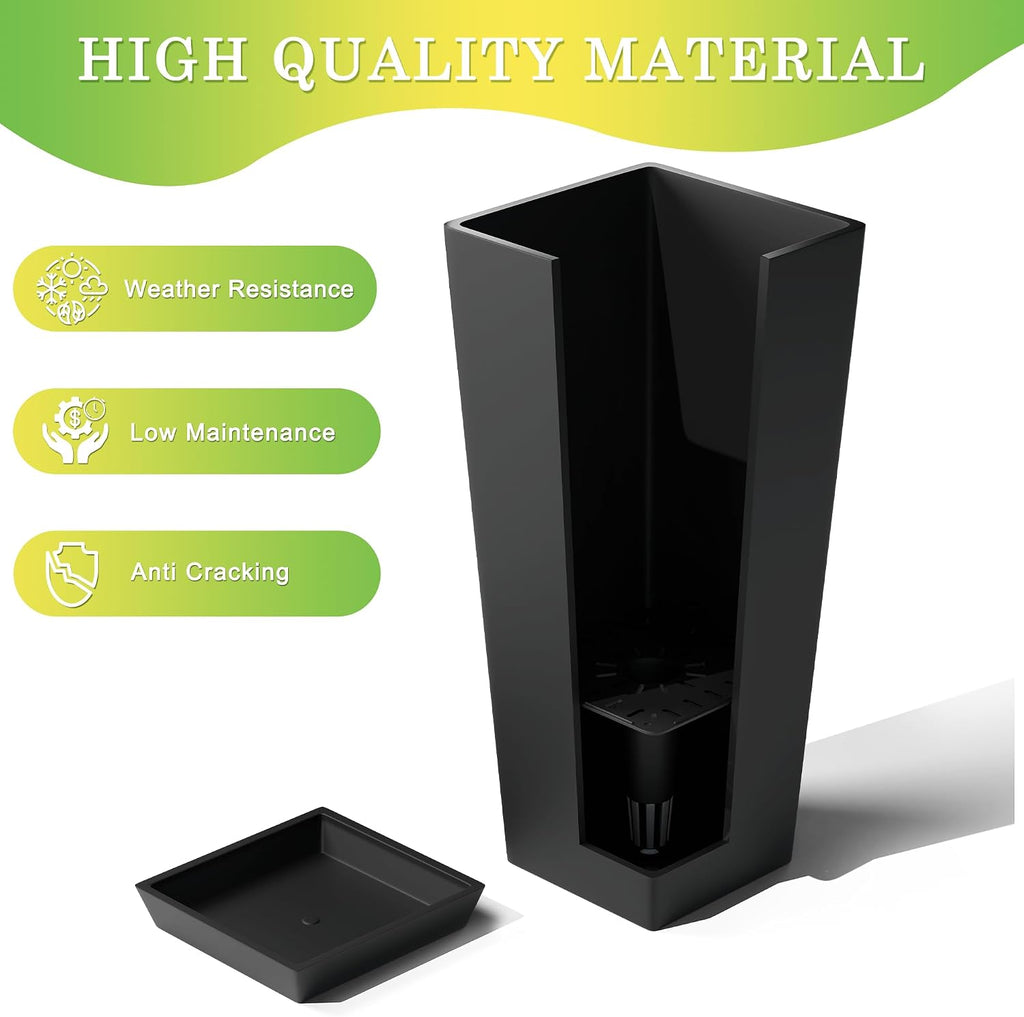 24-Inch Tall Planters for Outdoor Plants, Set of 2, Black | Square tapered planters with drainage trays for front