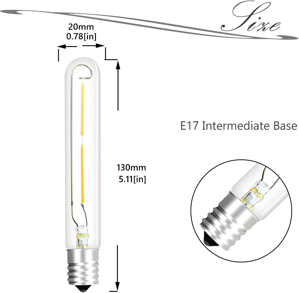 LED T6.5 Tubular Filament Bulb, 2W T6.5 LED Appliance Light Bulb E17 Intermediate Base, 20W Incandescent Equivalent (4-Pack)