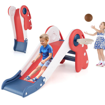 3-in-1 Toddler Slide, Freestanding Foldable Baby Slide for Kids Climber Playset with Basketball Hoop & Ball, Non-Slip