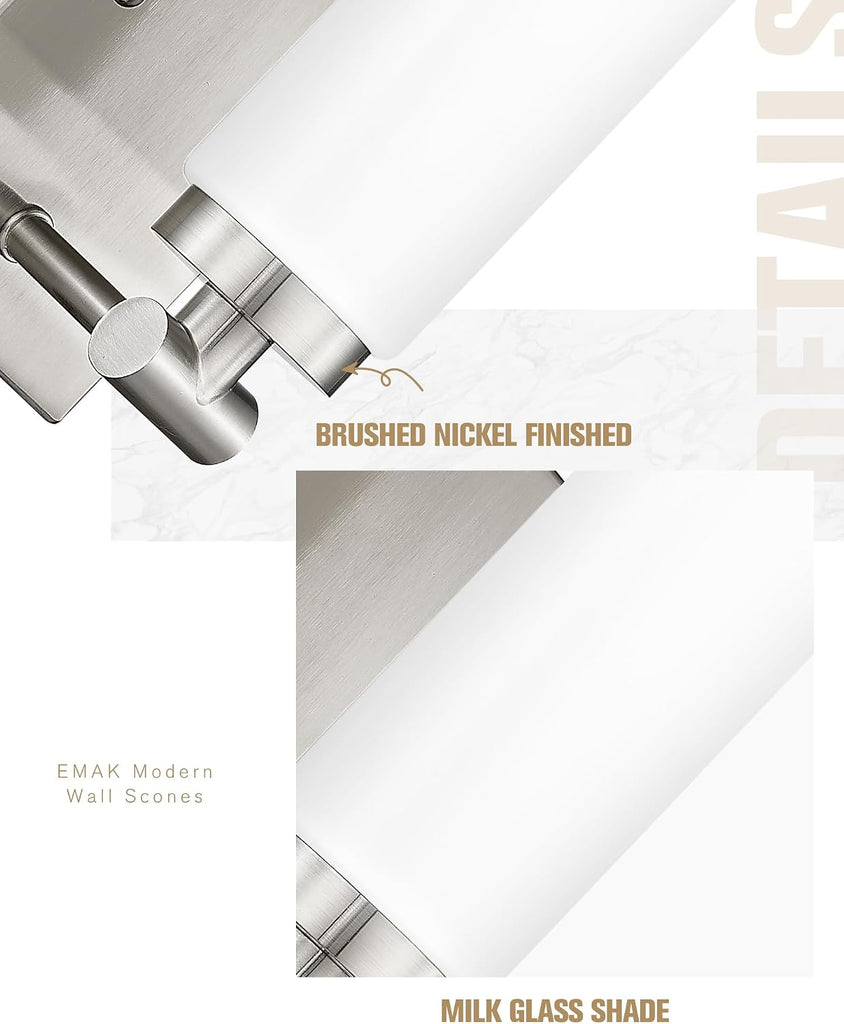 Brushed Nickel Wall Sconces, 2 Light Bathroom Light Fixtures with Milk Glass Shade, Modern Wall Lights , Mirror
