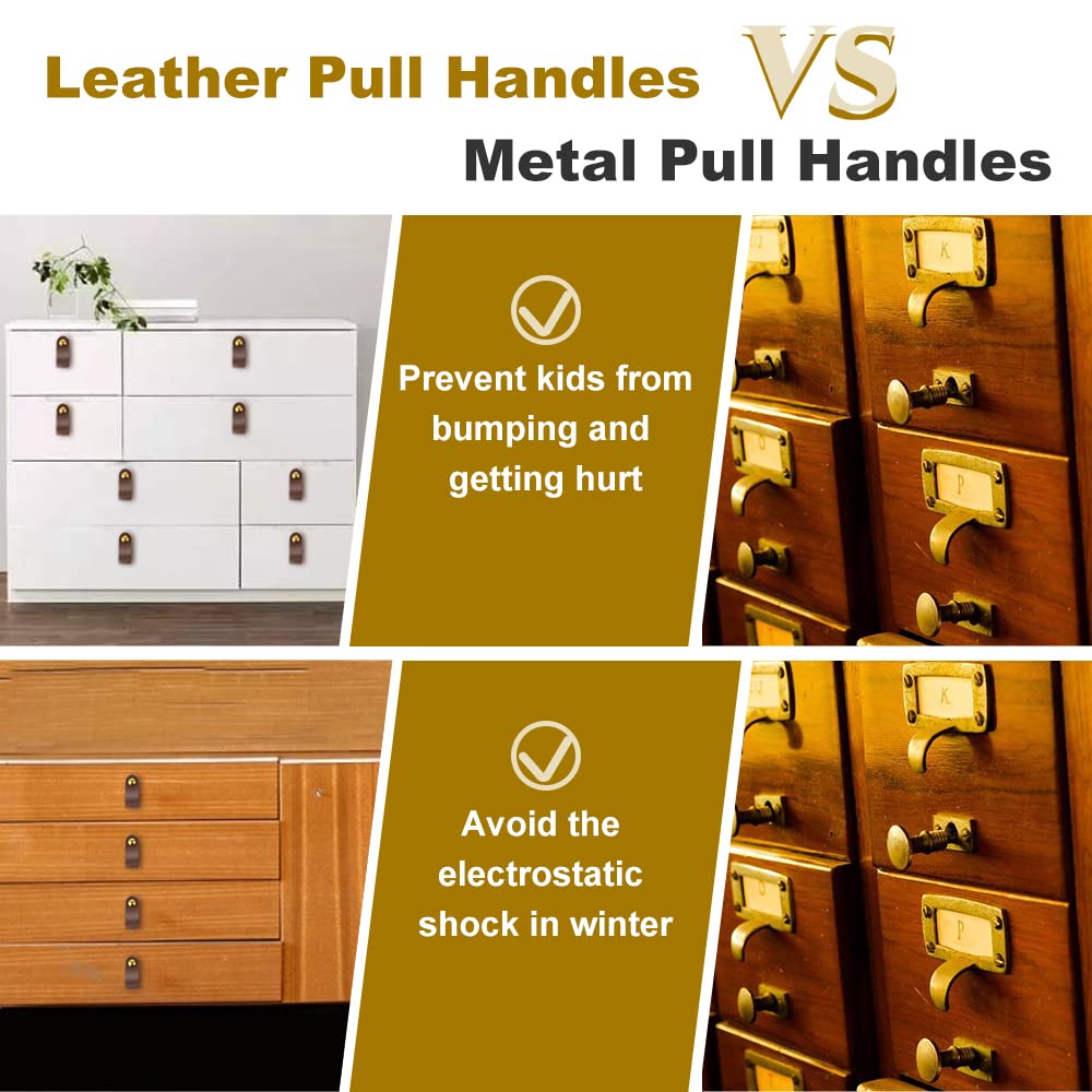 10 Pack Leather Drawer Pulls with Short and Long Screws, Brown