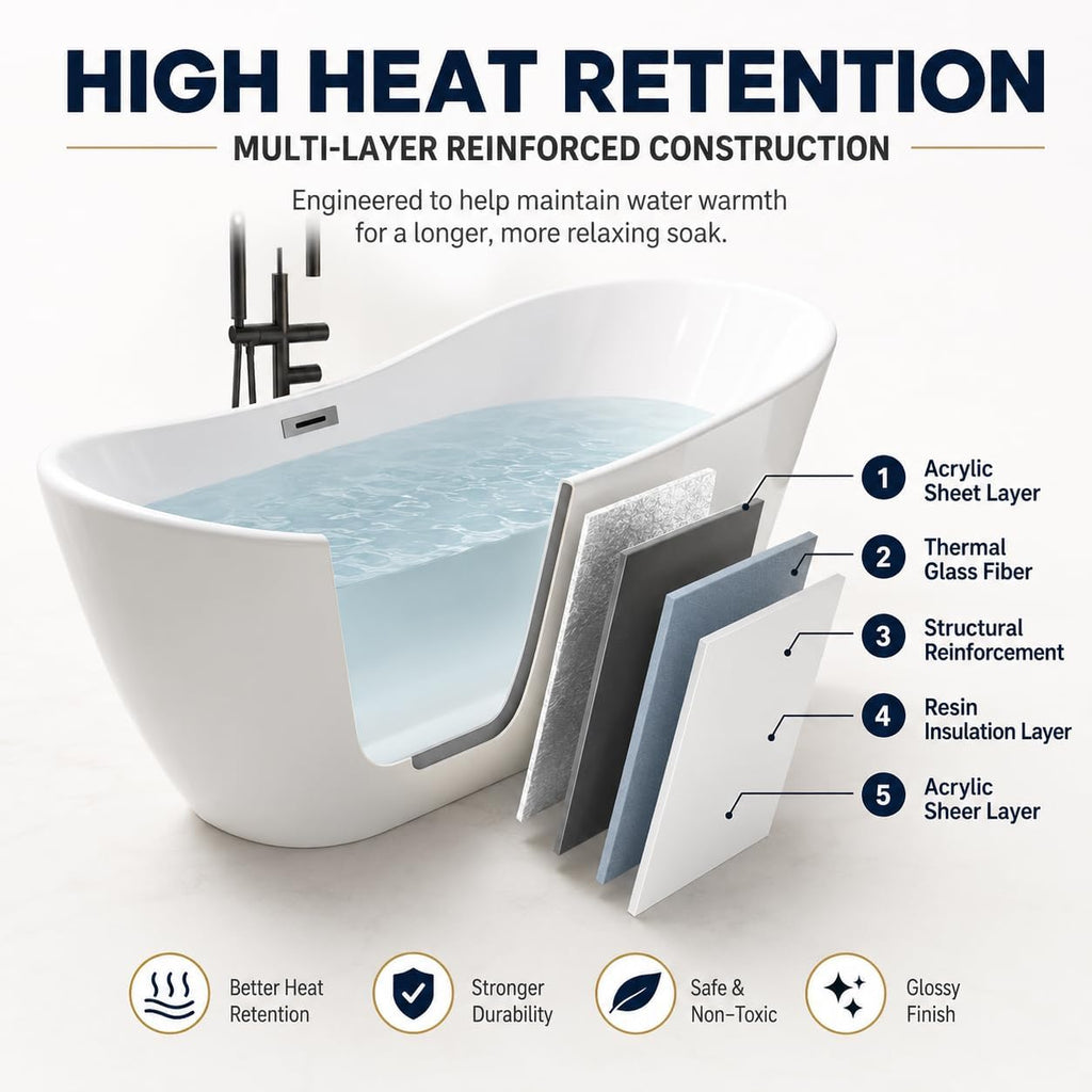 67" Acrylic Freestanding Bathtub, Deep Soaking Tub with Non-Slip Surface, Modern Free Standing Bath Tub, Chrome Drain