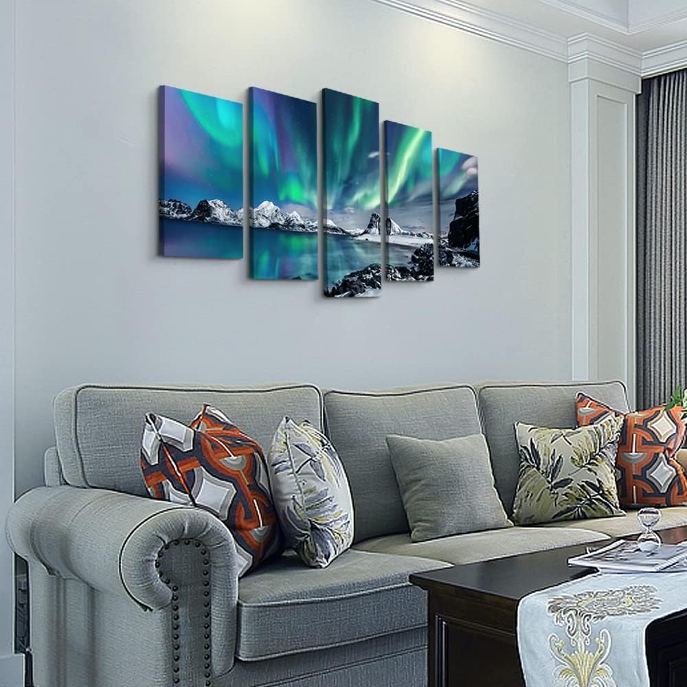 Large Canvas Wall Art Set - Blue Aurora Scenery Paintings - Modern Canvas Art Prints Ready to Hang - 5 Piece Set