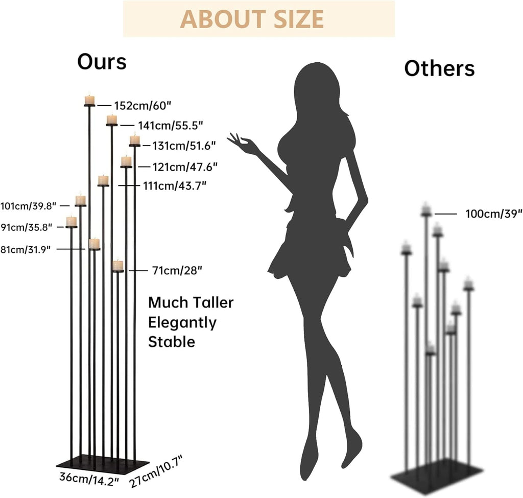 60'' Floor Candelabra Holder for 9 Arm Candlesticks,Tall Candle Holders, Black Metal Candle Stick Holders for Pillar