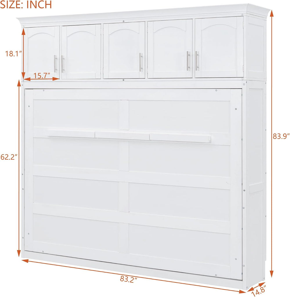 Modern Farmhouse Solid Wood Murphy Bed Chest with Top Cabinets, Tall Wall Platform Bed Space Saving/Wood Slat Support