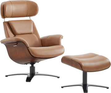 Modern Reclining Swivel Lounge Chair and Ottoman — Saddle Genuine Leather