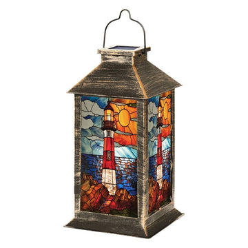 Solar Lantern Coastal Lighthouse Stained Glass Hanging Ornament Outdoor Garden Hanging Lantern Waterproof Solar