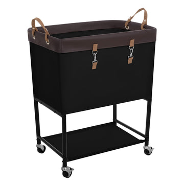 Laundry Cart, 2 Tier Rolling Basket with Wheels, 29 Gal, Black
