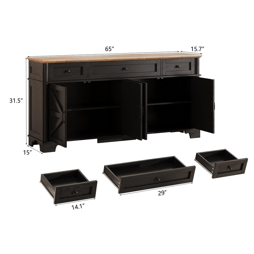 65 Inch Farmhouse Buffet Cabinet with Storage, Black Sideboard Buffet Cabinet with Adjustable Shelves & 3 Drawers