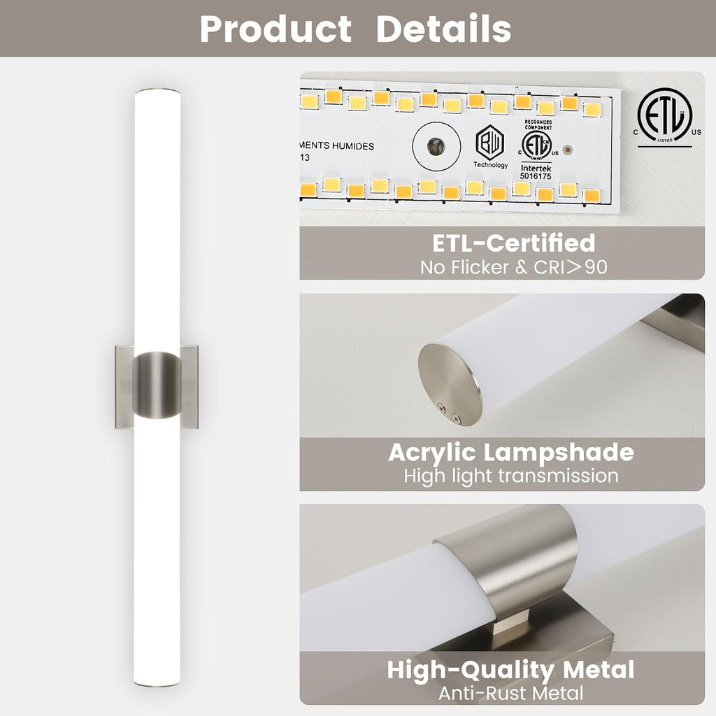 Wall Sconce 30.4 Inch Brushed Nickel Bathroom Sconces Led Wall Lights with Acrylic Shade Hardwired Long Vanity
