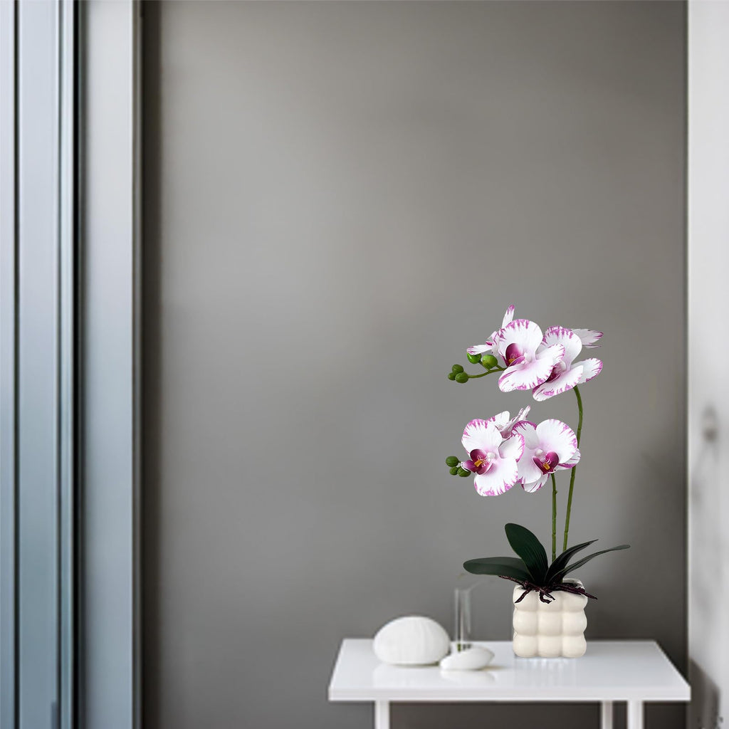 Artificial Orchids in Vase, White Purple Edged, 14 in Height, Home Decor Orchid Artificial Flowers