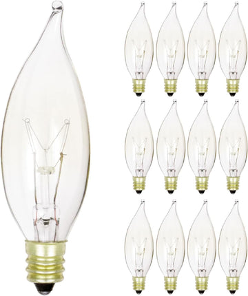 Pack of 12 25-Watt Clear Candelabra Base (E12) Flame Tip 120V Decorative Dimmable 25W Chandelier Lights Bulbs