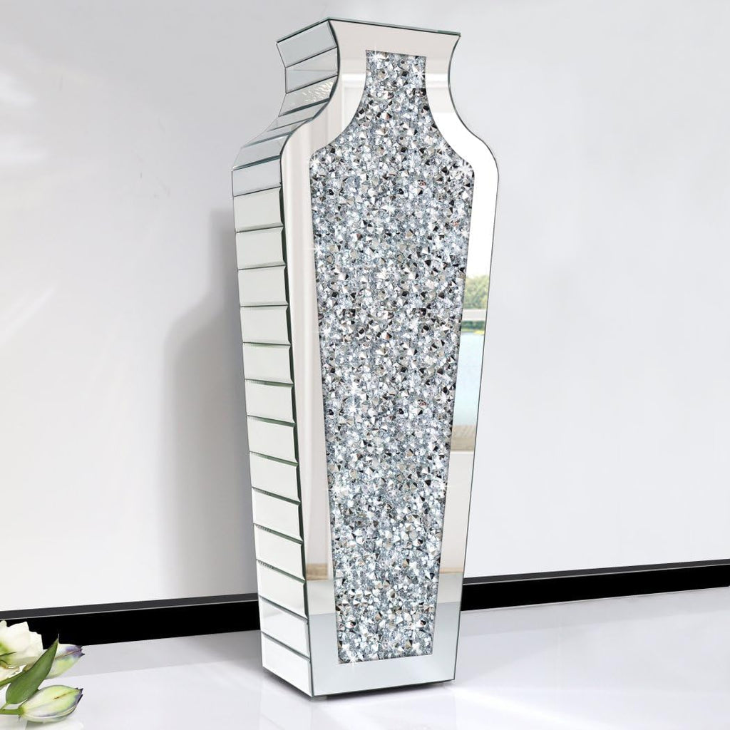 27" Tall Diamond Mirrored Floor Vase Silver Glass Decor for Flower No Water | Sparkling diamond mirror glass.