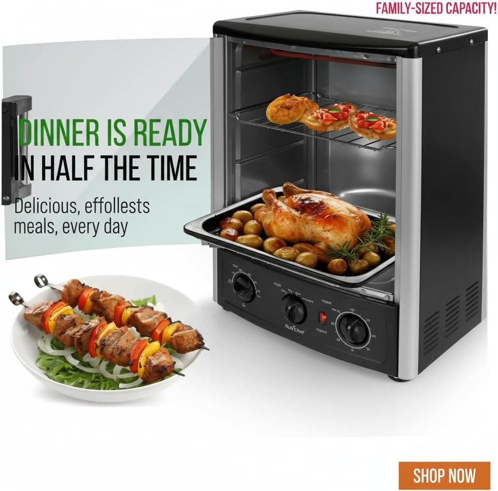 Multi-Function Rotisserie Countertop Oven | 24 Quart Vertical Glass Door Convection Oven, for Rotisserie Roasting & Broiling | Timer & Temperature Control | 13.4 x 12.2 x 18.9