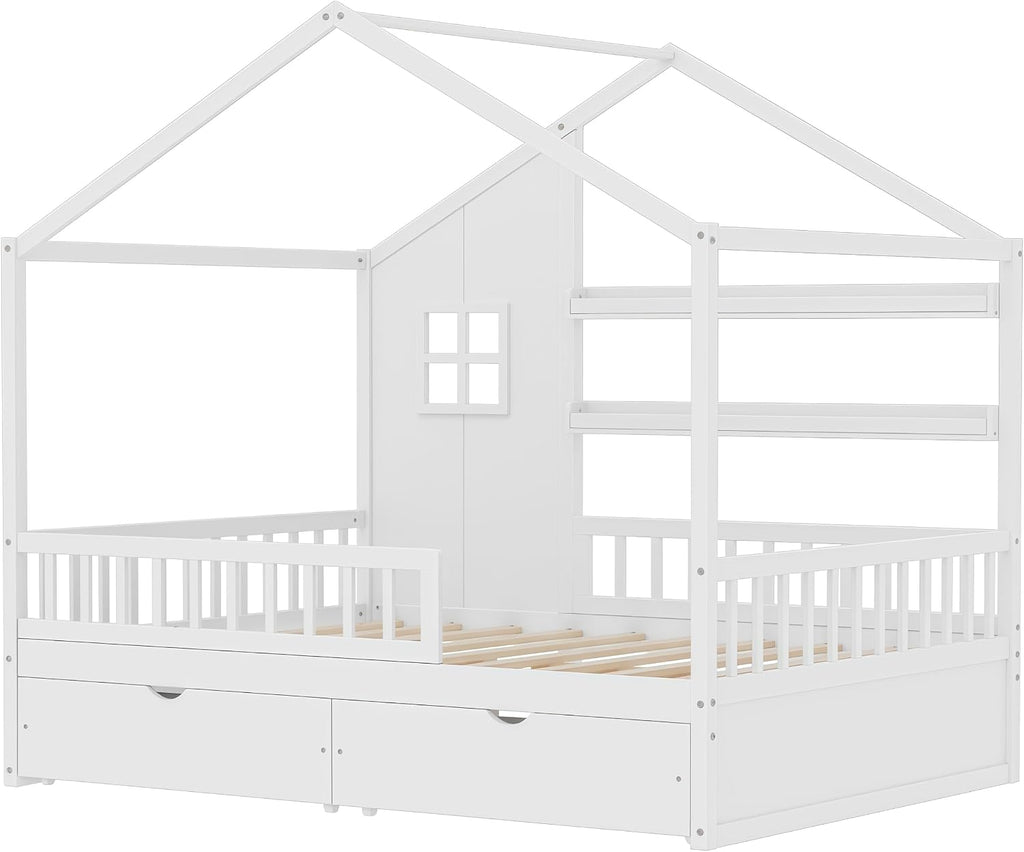 Full House BedFrame with Canopy and Storage Drawers, Montessori Bed, House Bed with Rails for Kids, White