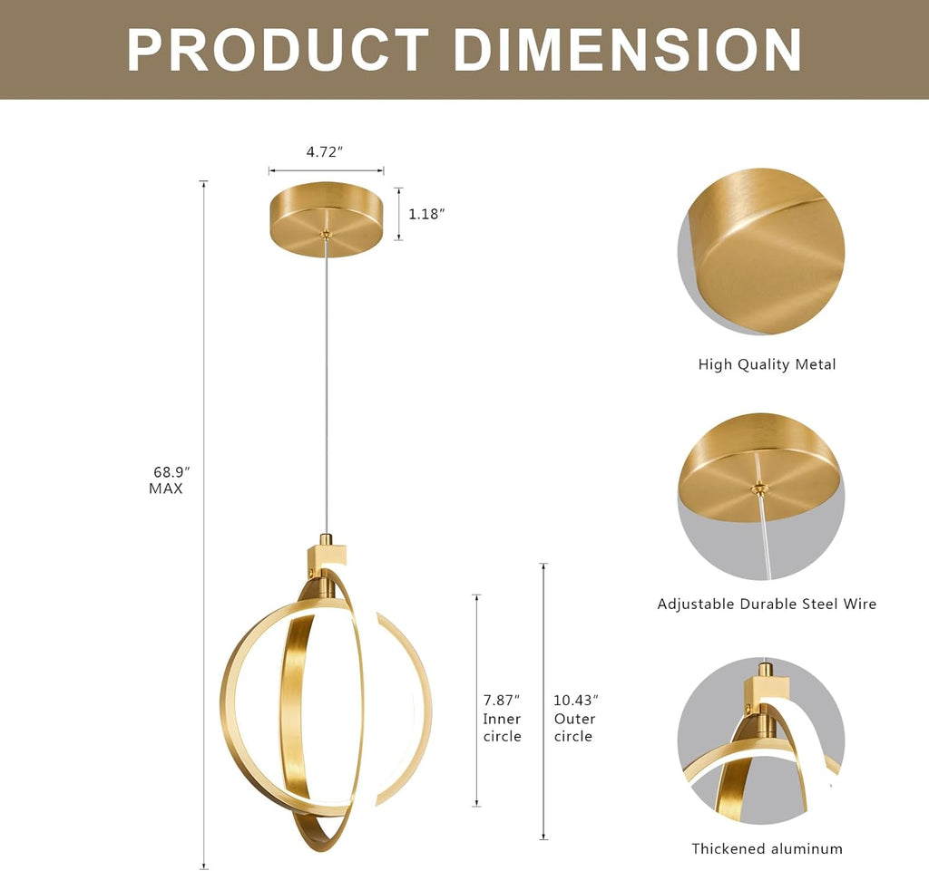 Modern LED Chandelier Gold Ring Pendant Light Fixtures 4000K Dimmable Height Adjustable Pendant Lighting for Dining