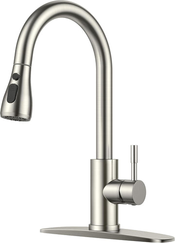 Kitchen Faucets with Pull Down Sprayer, Brushed Nickel High Arc Single Handle Stainless Steel Bar Sink Faucet with Deck Plate for 1 or 3 Hole, Suitable for Farmhouse RV Camper Laundry