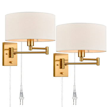 Gold Brass Swing Arm Wall Sconce, Plug in Hardwired Set of 2