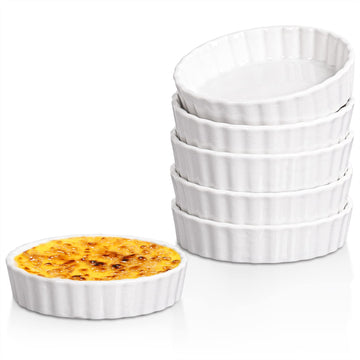 Creme Brulee - 6 Piece Set, 8 oz Round Fluted Quiche Dishes, Oven Safe, White