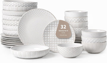 32-Piece Luxury Dinnerware Set,Complete Plates and Bowls Set for 8,Upscale Ceramic Dish Set for Hosting