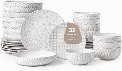 32-Piece Luxury Dinnerware Set,Complete Plates and Bowls Set for 8,Upscale Ceramic Dish Set for Hosting