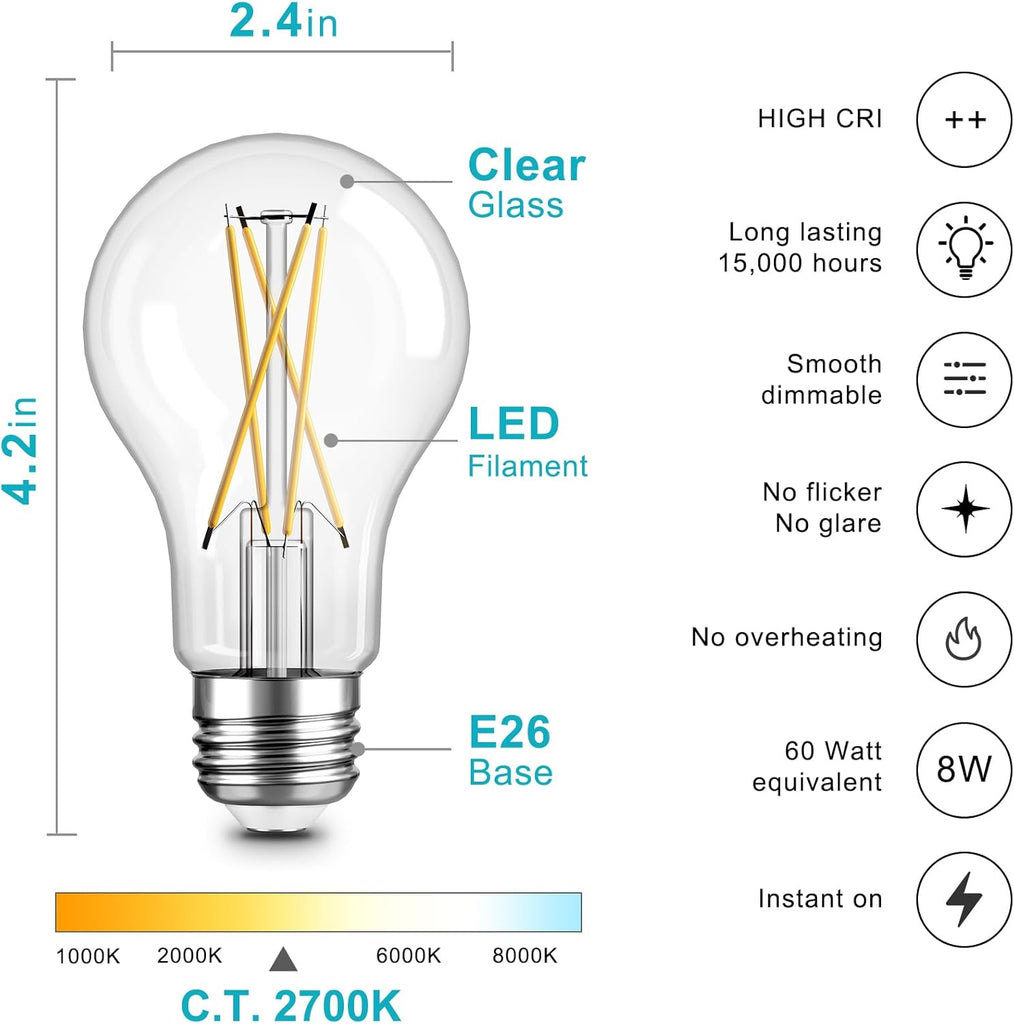 6 Pack A19 Vintage LED Edison Bulbs, Dimmable Light Bulb 60W Equivalent, High Brightness 2700K Warm White, 8W E26