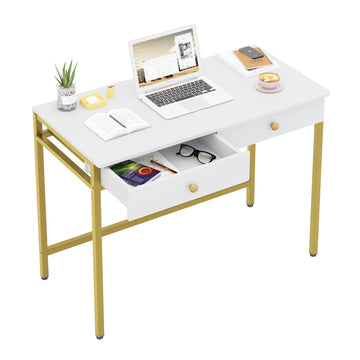Computer Desk with Drawers, Home Office Workstation, White Gold