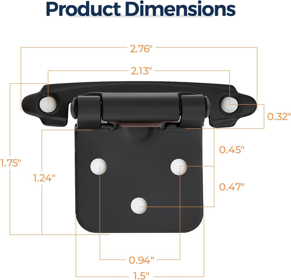 4 Pack (2 Pairs) Matte Black Cabinet Hinges Doors, Self-Closing, 1/2 Inch Overlay (Variable), Semi-Concealed Face