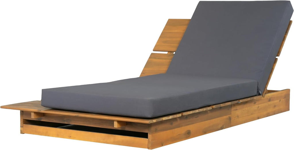 Patio Chaise Lounge Chair Outdoor, Acacia Wood Poolside Sun Lounger with 4-Thick Cushion, 3-Position Adjustable
