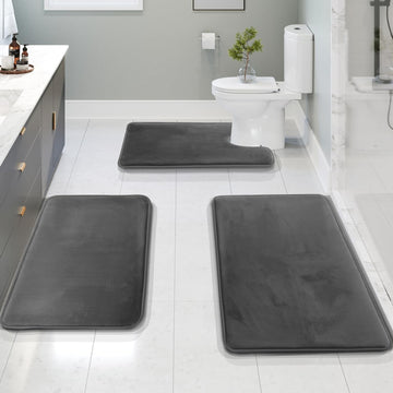 3 Piece Bathroom Rugs Bath Mat Set, Velvet Memory Foam Bath Mats - Non-Slip, PVC Backing Bath Rugs, Washable - Dries