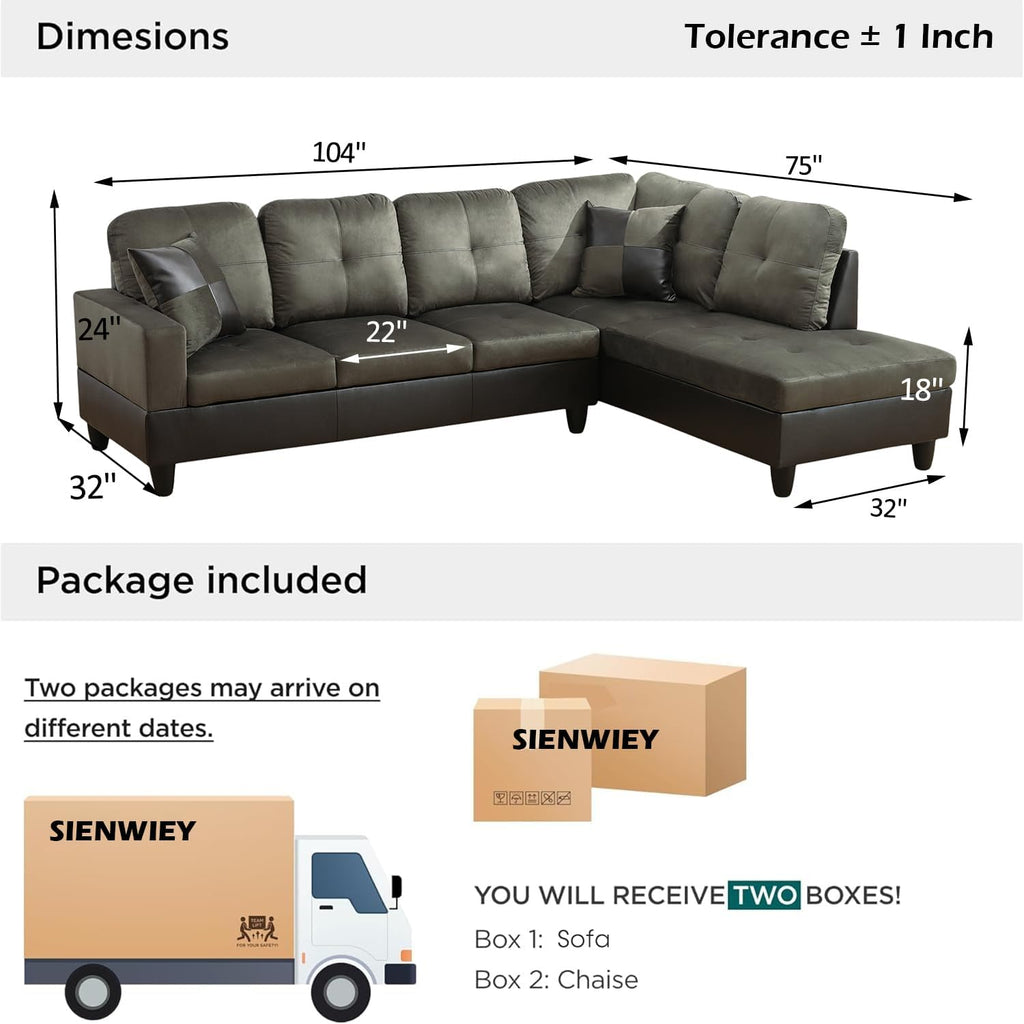 105 Inch L Shaped Sectional Sofa Couch, 4 Seat Modern Fabric Flannel Taupe, 2 Pieces, Includes 2 Pillows, Easy