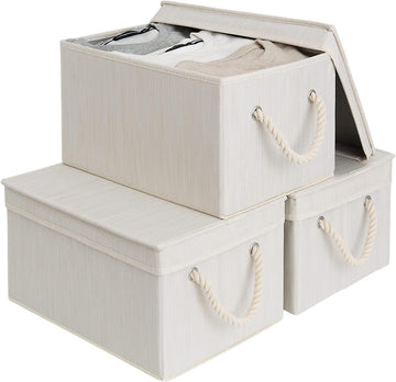 Storage Bins with Lids, Decorative Storage Boxes with Soft Rope Handles, Foldable Stackable Storage Baskets for