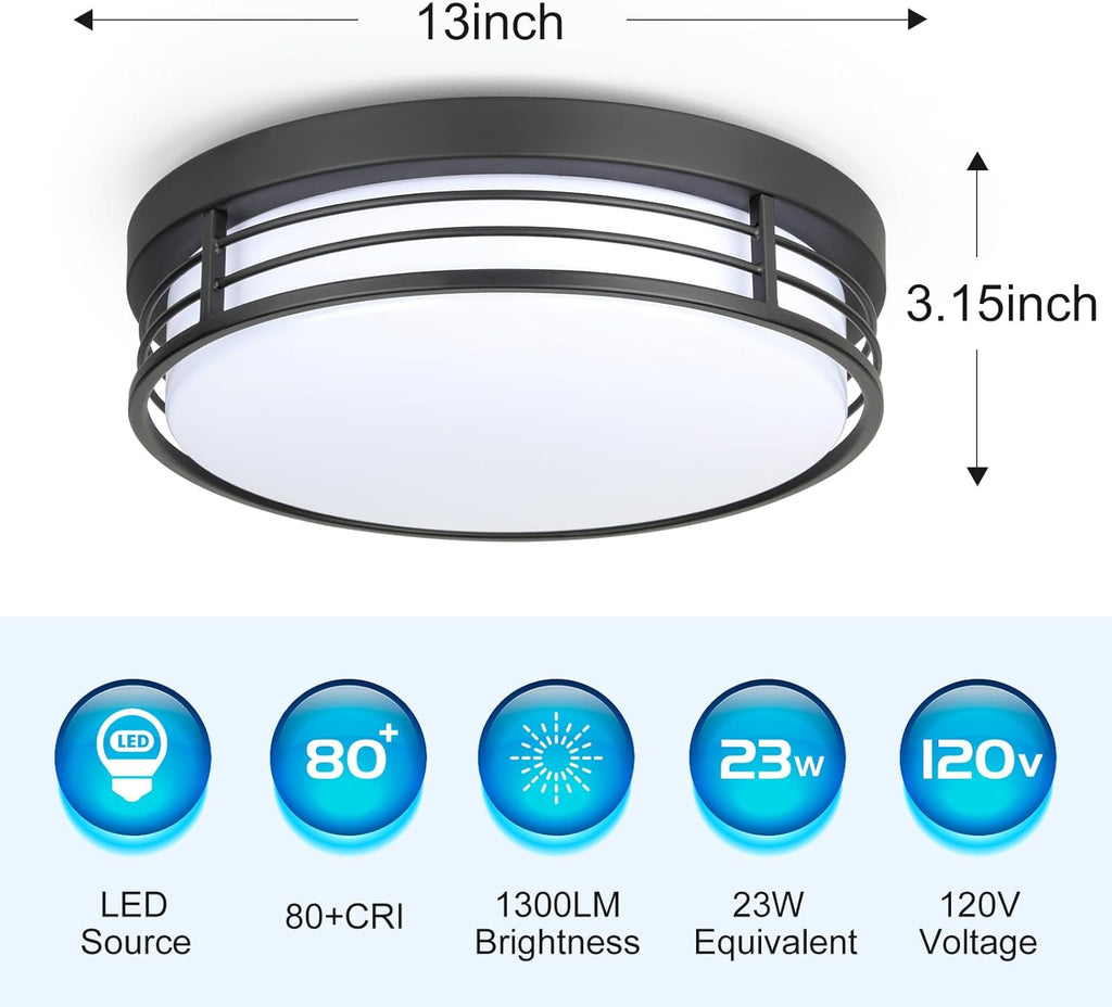 13 Inch Matte Black Flush Mount Ceiling Light, 23W LED Ceiling Lighting Fixture with