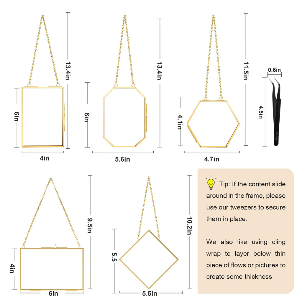 5 Pcs Pressed Flower Frames with Tweezers, Wall Hanging Tabletop Display Double Glass Frames with Metal Chain for