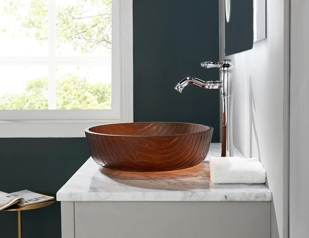 Littel Rock Series Tempered Deco Bathroom Glass Vessel Sink in Tea Matt | Top Mount Sinks Above Vanity Countertop |