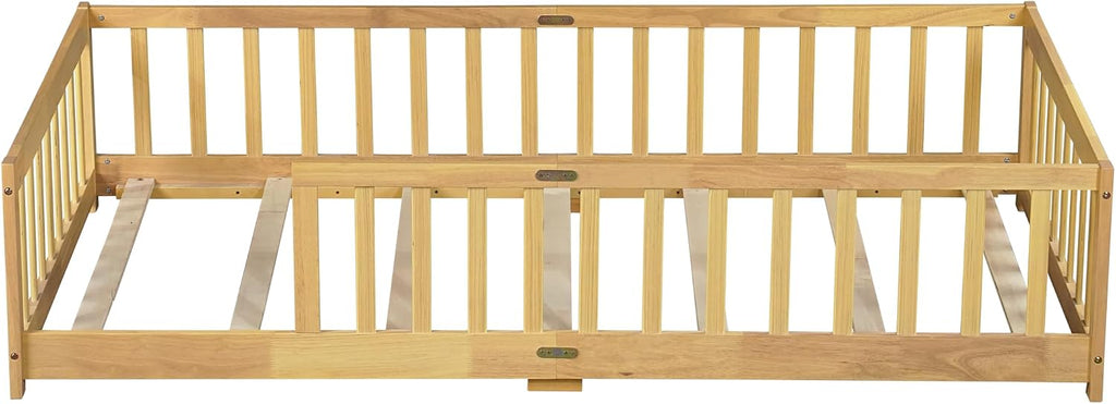 Twin Size Montessori Toddler Floor Bed with Wood Slats for Girls and Boys, Wood Montessori Bed Frame with Safety