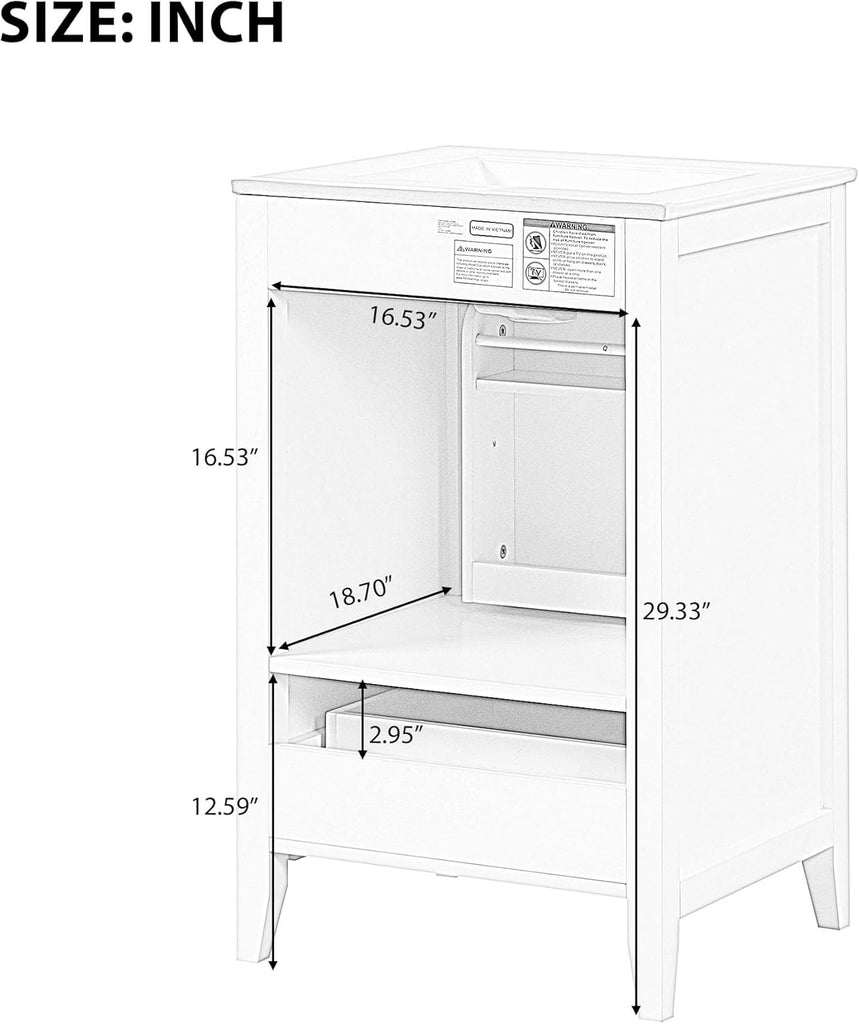 20-inch Solid Wood Bathroom Vanity with Sink, Free Standing Cabinet, Soft Closing Door, Storage Rack