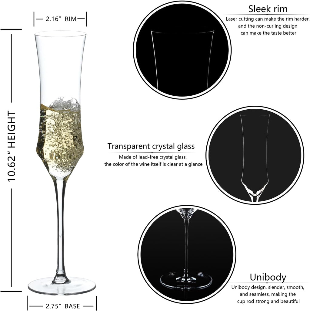 Champagne Flutes Set of 6 - Hand Blown Crystal Champagne Glasses With Long Stem - 7 oz Elegant Sparkling Wine