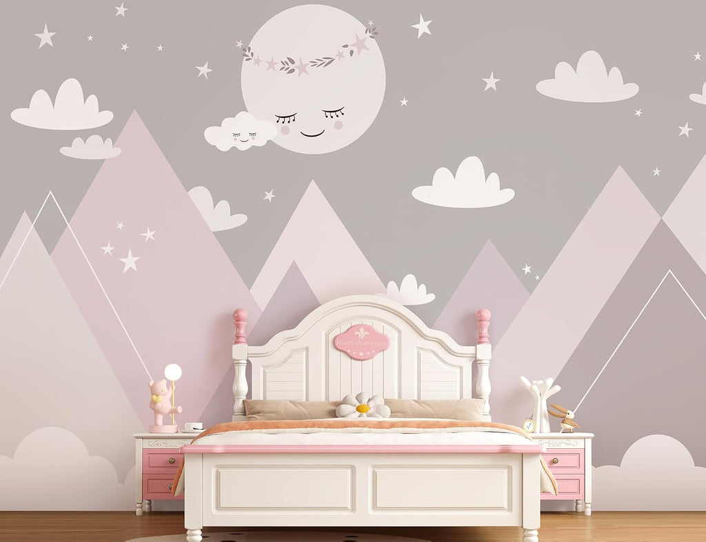 119.6x83inch Large Cartoon Geometric Mountain Wallpaper White Moon and Clouds Wall Decor Decals Murals Peel and Stick
