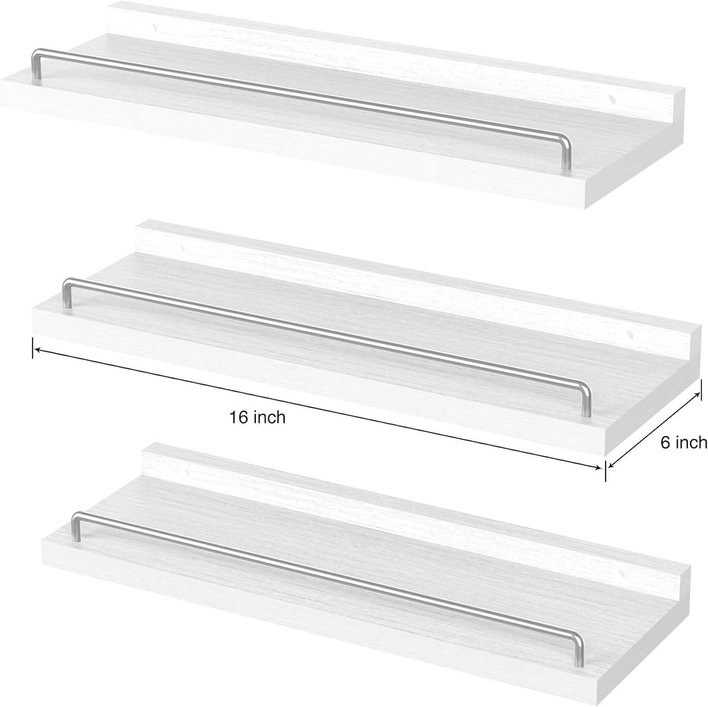 Floating Shelves for Wall Decor, White and Grey Shelves , Picture Frames, Plants, Kitchen (Set of 3)