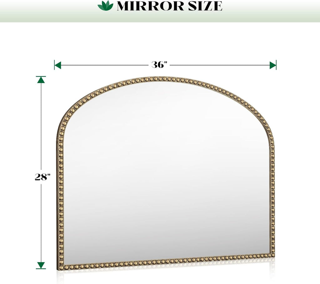 Arched Antique Gold Mirror with Beaded, 28"x36" Decorative Wall Mirrors, Champagne Bronze Brass Frame Vintage Mirror